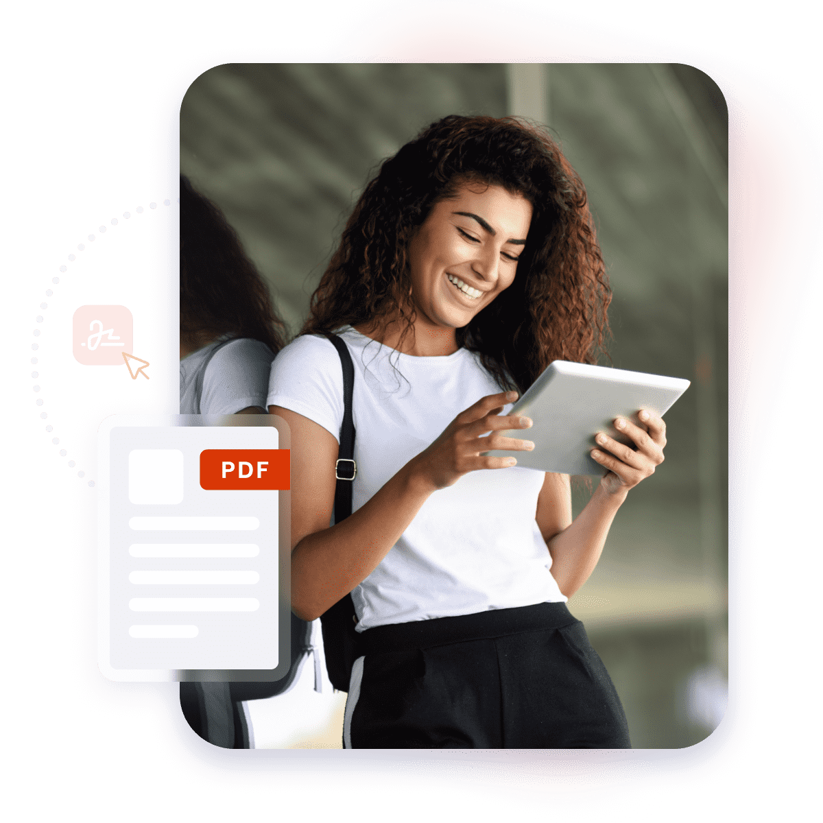 Happy woman looking at tablet